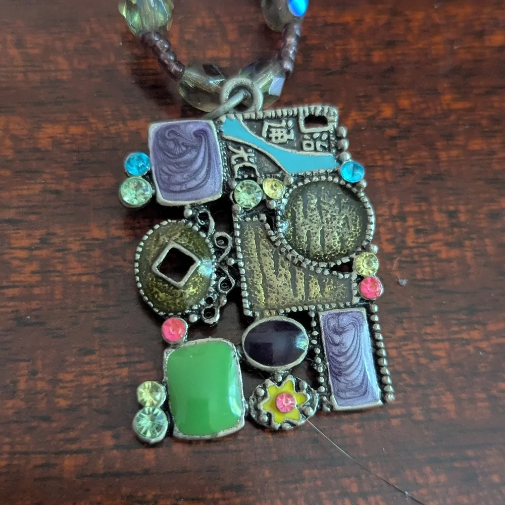 Micro Mosaic Y2K Enamel‎ Steampunk Glass Beaded Necklace Boho Wearable Art Metal